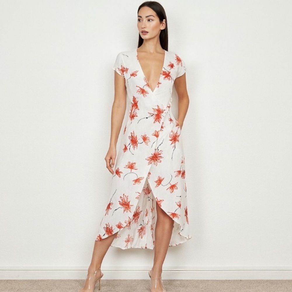 Cotton On White Red Floral Romantic V-Neck Boho High Low Wrap Maxi Dress Size S